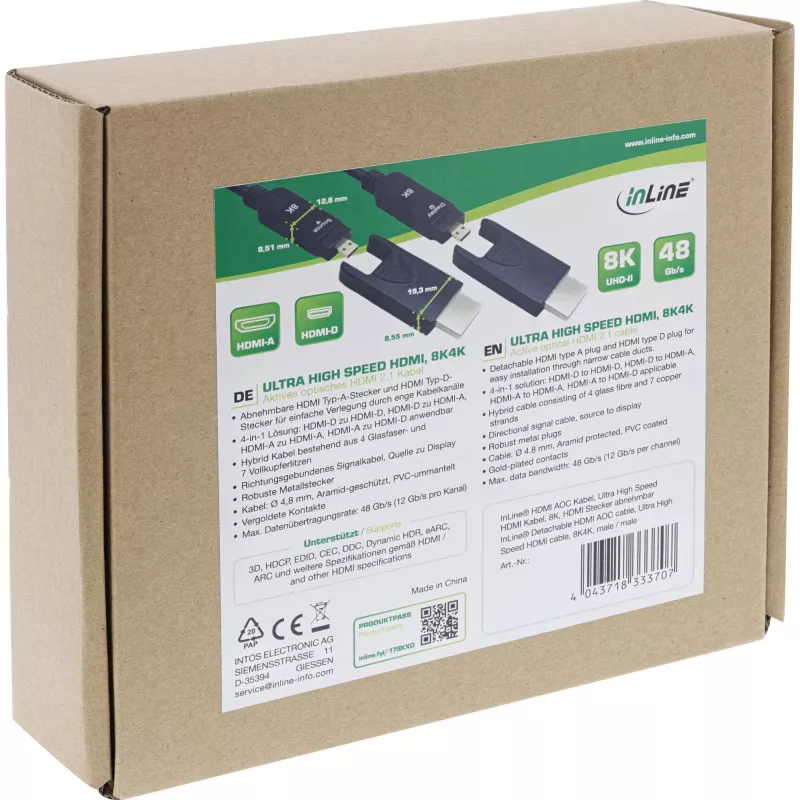 InLine HDMI AOC Kabel, Ultra High Speed HDMI, 8K4K, abnehmbarer Stecker, 10m
