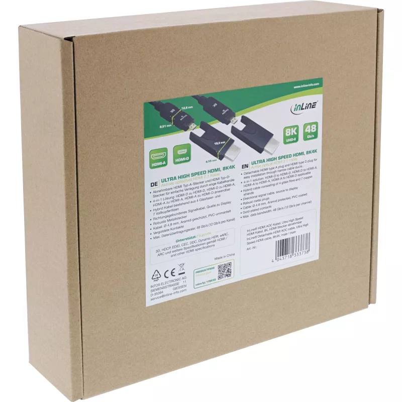 InLine HDMI AOC Kabel, Ultra High Speed HDMI, 8K4K, abnehmbarer Stecker, 25m