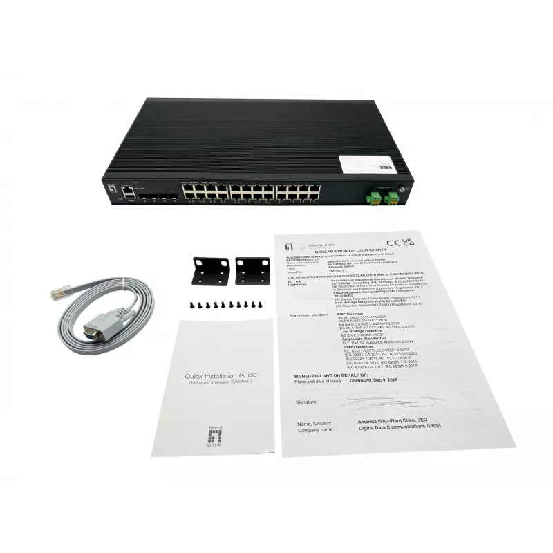 LevelOne 28-Port L2 Plus Managed PoE Industrial Switch, 4 x 1/2.5/10GbE SFP+, 24 PoE-Ausgänge, 370W, 802.3AF/AT/BT PoE, 19 Zoll Rackmontage, -40°C bis 80°C