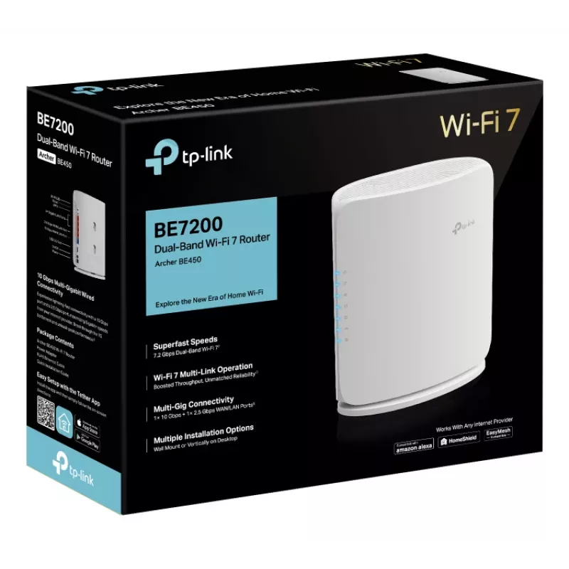 WLAN-Router TP‑Link Archer BE450 — Dual‑Band (2,4/5 GHz), Wi‑Fi 7, Multi‑Gigabit Ethernet, 5x LAN, USB, weiß