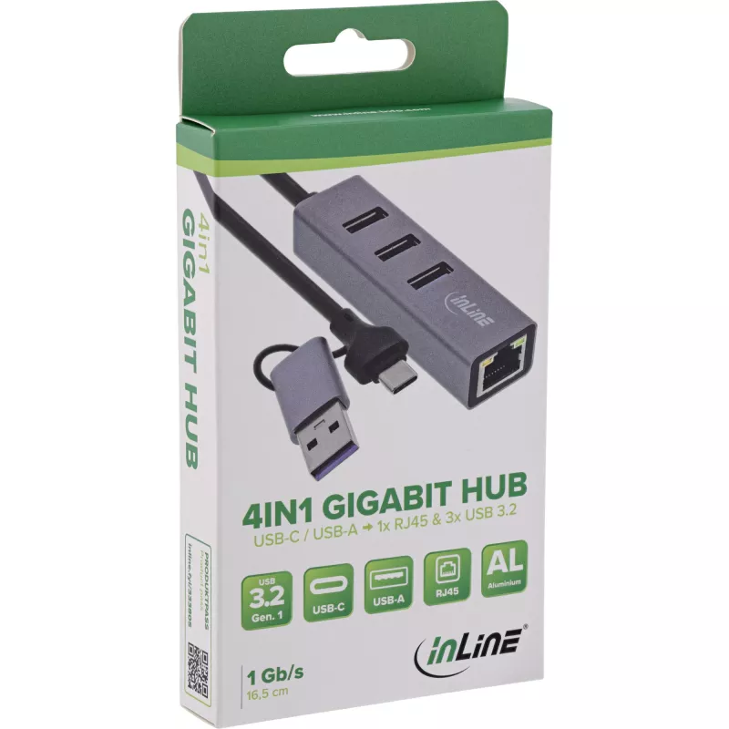 InLine 33380S Schnittstellen-Hub USB 3.2 Gen 1 (3.1 Gen 1) Type-A + Type-C 5000 Mbit/s Grau