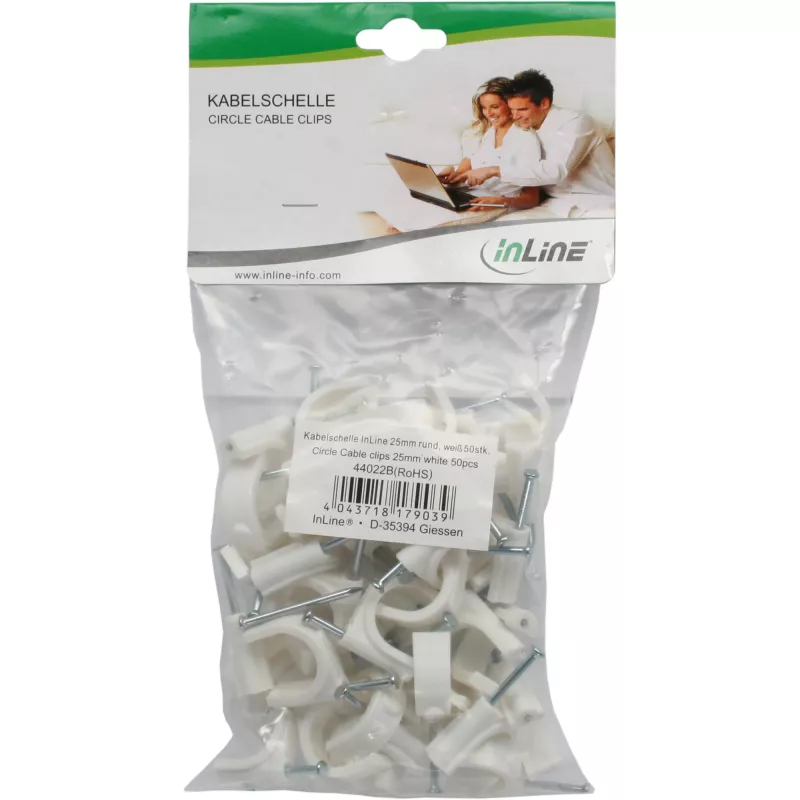 Kabelklammer InLine 8 mm, rund, Kunststoff, weiß — 50er-Pack