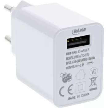 InLine USB-Netzteil Single, 100-240V auf 5V/2,5A, weiß