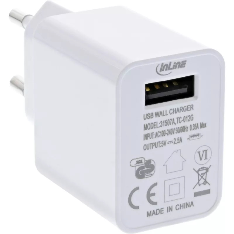 InLine USB-Netzteil Single, 100-240V auf 5V/2,5A, weiß
