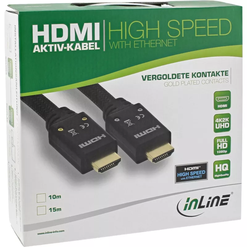 InLine HDMI Aktivkabel, HDMI-High Speed mit Ethernet, M/M, Nylon-Geflecht, 15m