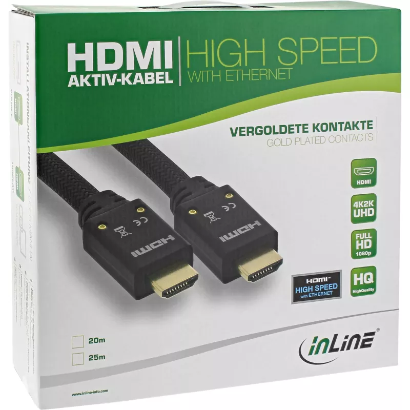 InLine HDMI Aktivkabel, HDMI-High Speed mit Ethernet, M/M, Nylongeflecht, 25m