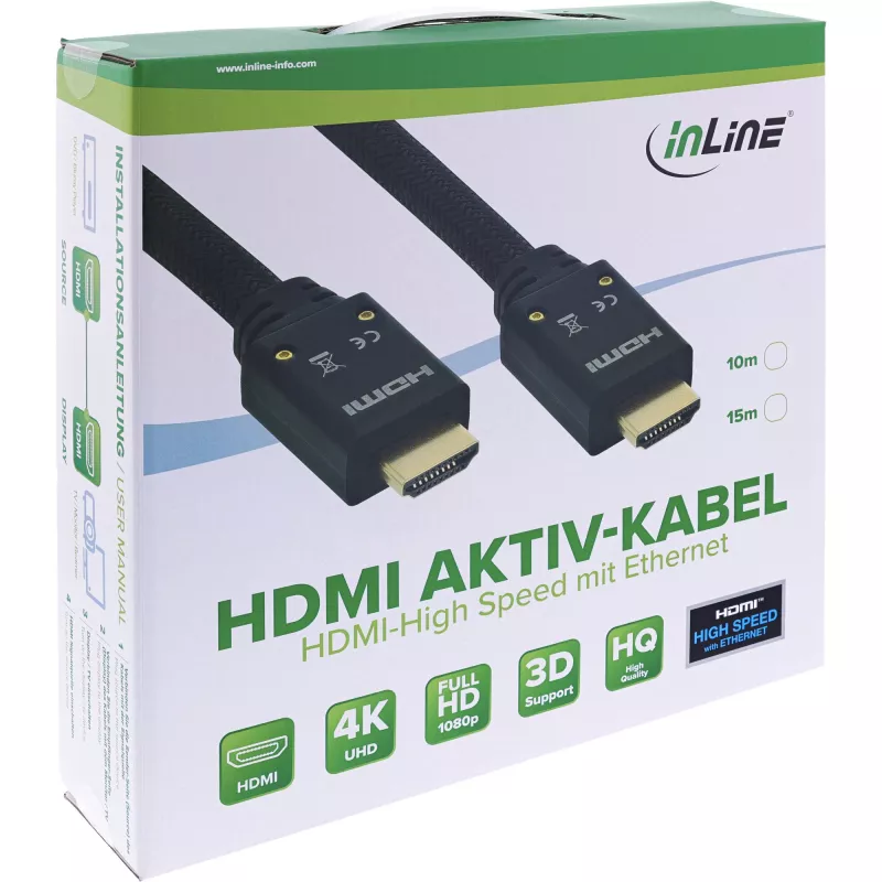 InLine HDMI Aktivkabel, HDMI-High Speed mit Ethernet, M/M, Nylongeflecht, 10m