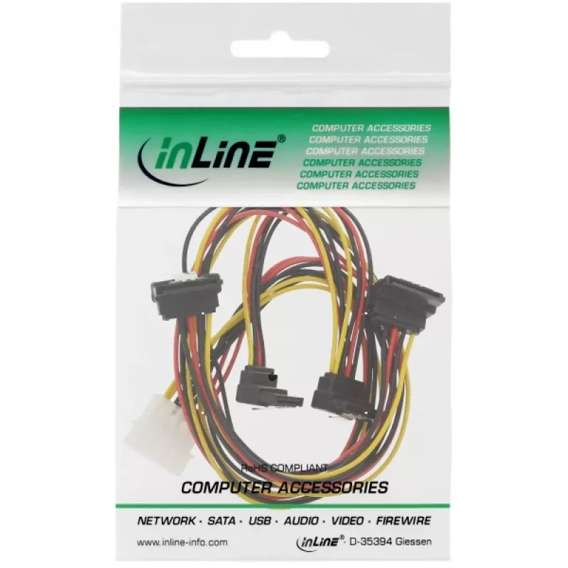 InLine Internes Y-Stromkabel 1x Molex / 4x SATA abgewinkelt mit Verriegelungen 0,40+0,55m