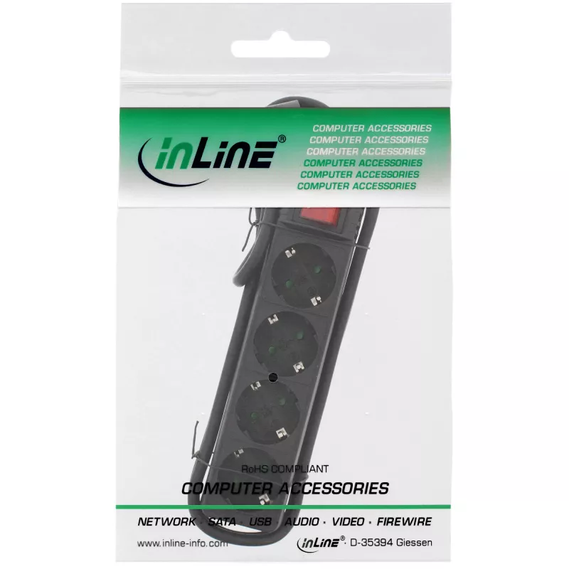 InLine Steckdosenleiste, 4-fach Schutzkontakt CEE 7/3, mit Schalter, schwarz, 3m