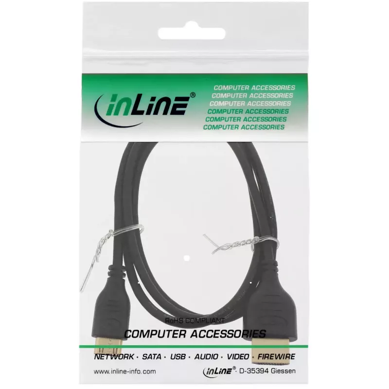 InLine High Speed HDMI-Kabel mit Ethernet, AM/CM, superflach, schwarz/gold, 1m
