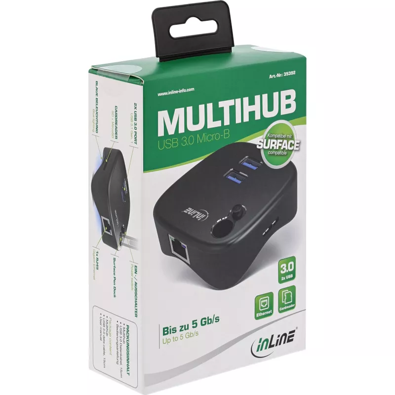 InLine USB 3.0 Multiadapter, 2xUSB-A, RJ45, SD/MicroSD-Kartenleser, schwarz