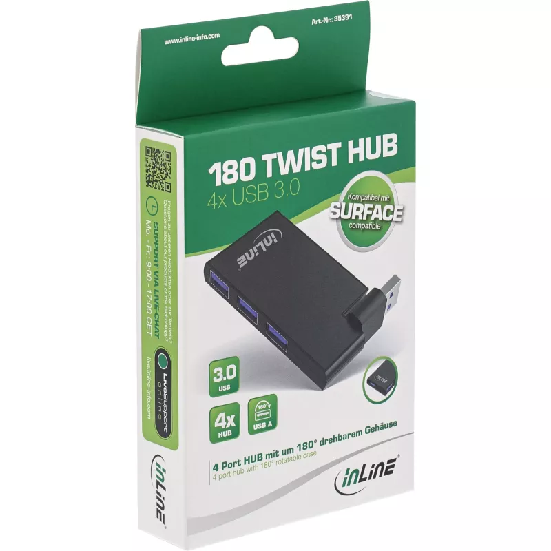 InLine USB 3.0 drehbarer Hub, 4 Ports, schwarz