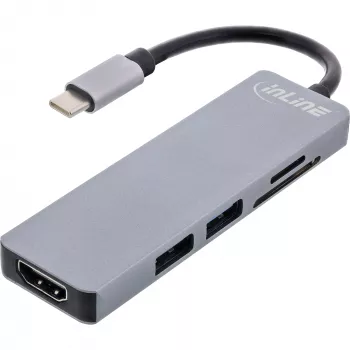 InLine Multi-Hub USB 3.2 Gen.1, 2x USB-A, HDMI 4K/30Hz, Kartenleser, Alu, grau