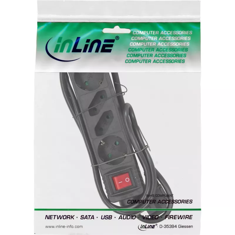InLine Steckdosenleiste, 4-fach, 2x CEE7/3 + 2x Euro CEE 7/16, schwarz, 5m