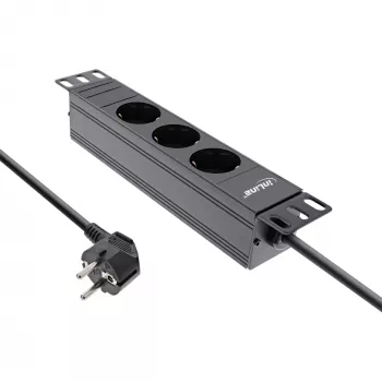InLine 10-Zoll-Steckdosenleiste, 3-fach Schutzkontakt, ohne Schalter, 2m, schwarz