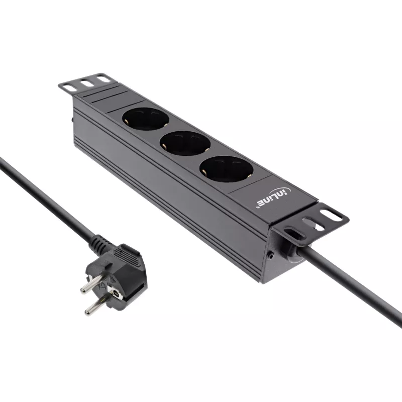 InLine 10-Zoll-Steckdosenleiste, 3-fach Schutzkontakt, ohne Schalter, 2m, schwarz