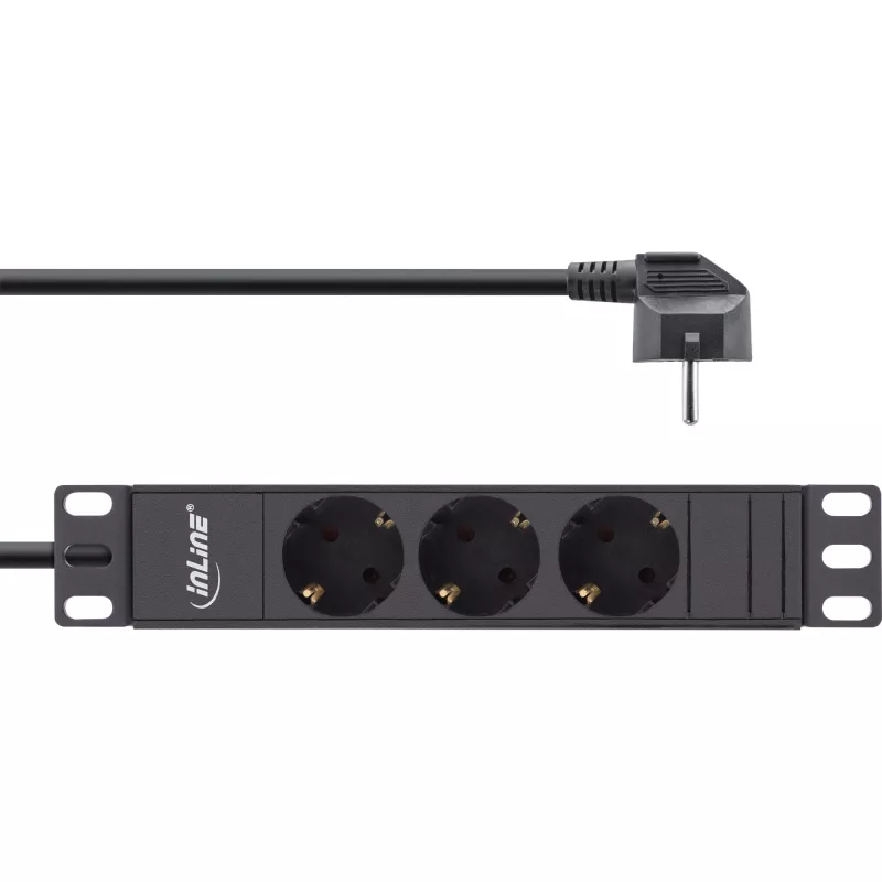 InLine 10-Zoll-Steckdosenleiste, 3-fach Schutzkontakt, ohne Schalter, 2m, schwarz