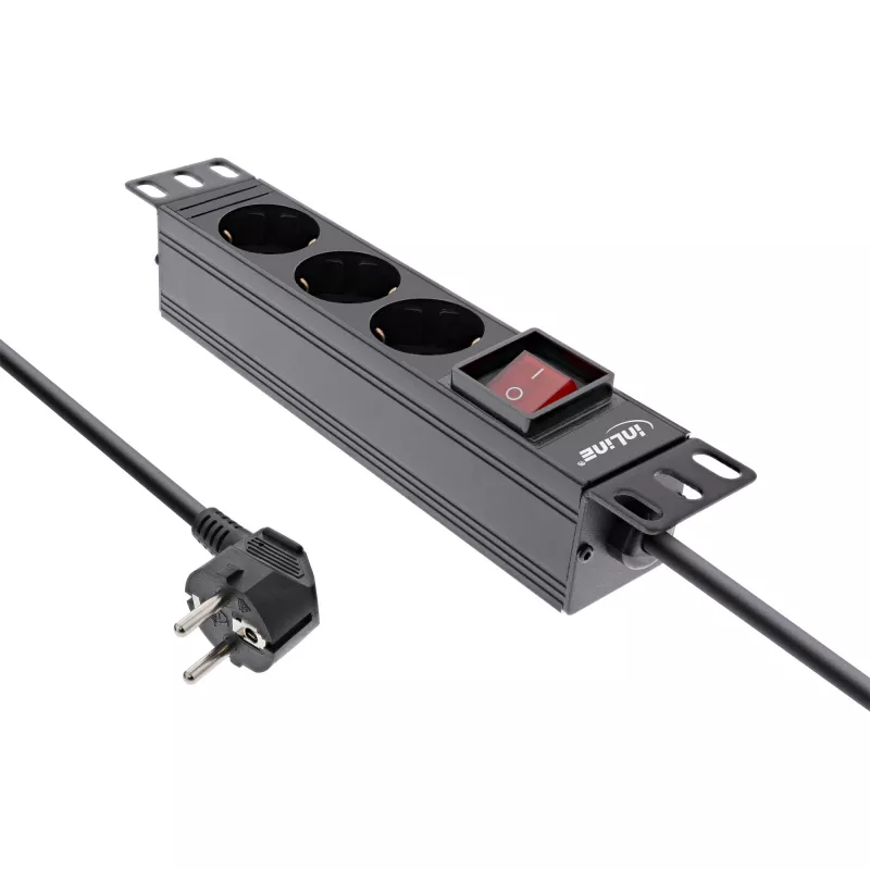 InLine 10 Zoll PDU, 3-fach Schutzkontakt, mit Schalter, 2m, schwarz