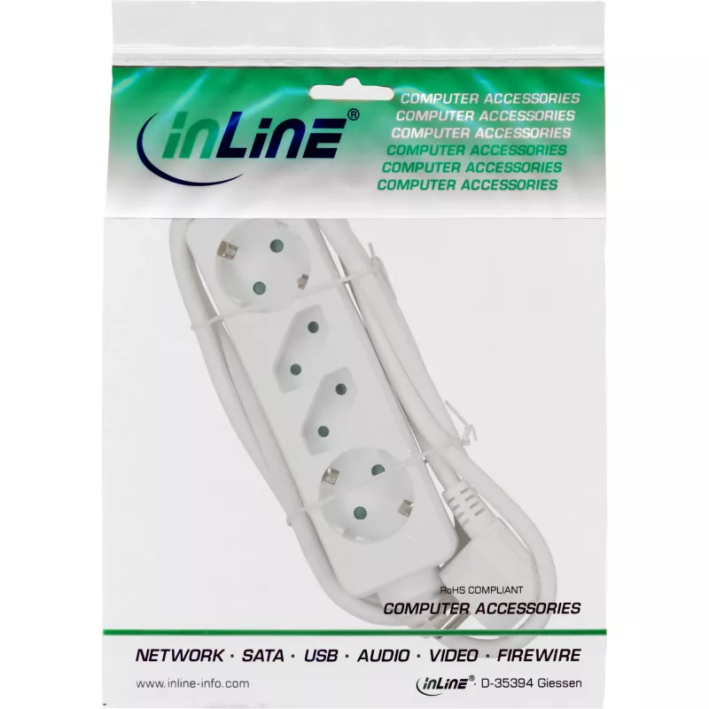 InLine Steckdosenleiste, 4-fach, 2x CEE7/3 + 2x Euro CEE 7/16, weiß, 3m
