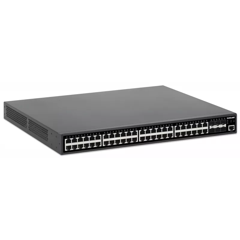 Intellinet 48-Port Gigabit Ethernet PoE+ Layer 2+ Managed Switch mit sechs 10G SFP+ Uplinks IEEE 802.3at/af (PoE+/PoE) konform, 450 W PoE-Budget, Layer 2+/Layer 3 Lite, 6 x 10G SFP+ offen