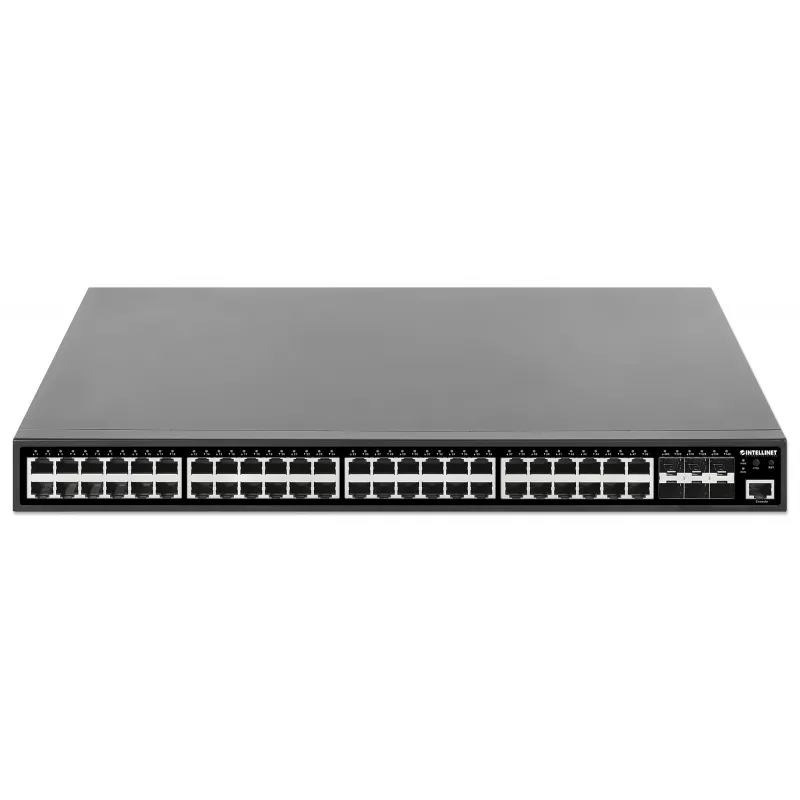 Intellinet 48-Port Gigabit Ethernet PoE+ Layer 2+ Managed Switch mit sechs 10G SFP+ Uplinks IEEE 802.3at/af (PoE+/PoE) konform, 450 W PoE-Budget, Layer 2+/Layer 3 Lite, 6 x 10G SFP+ offen