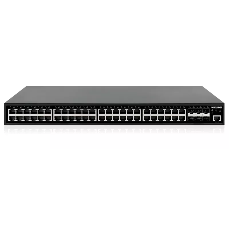 Intellinet 48-Port Gigabit Ethernet PoE+ Layer 2+ Managed Switch mit sechs 10G SFP+ Uplinks IEEE 802.3at/af (PoE+/PoE) konform, 450 W PoE-Budget, Layer 2+/Layer 3 Lite, 6 x 10G SFP+ offen