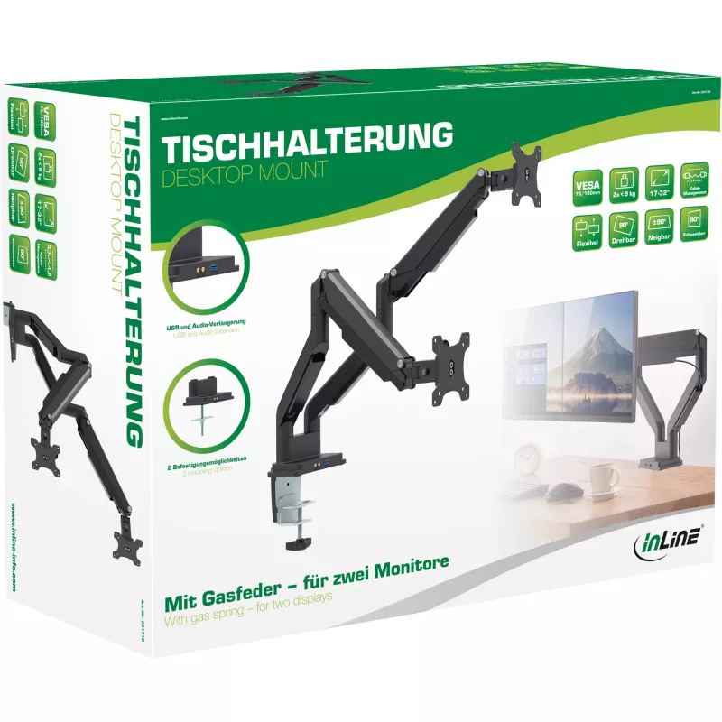 InLine Schreibtischhalterung mit Hubmechanismus und USB/Audio, 2 Monitore bis 81 cm (32 Zoll), schwarz