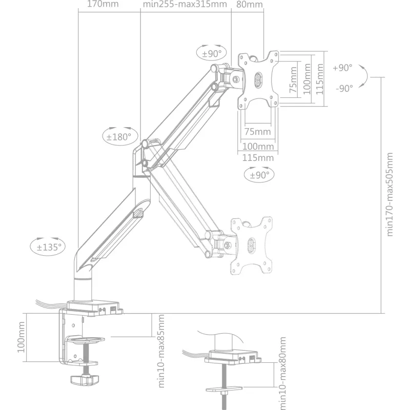 InLine Tischhalterung mit Lift und USB/Audio bis max. 82 cm 32 Zoll 9 kg