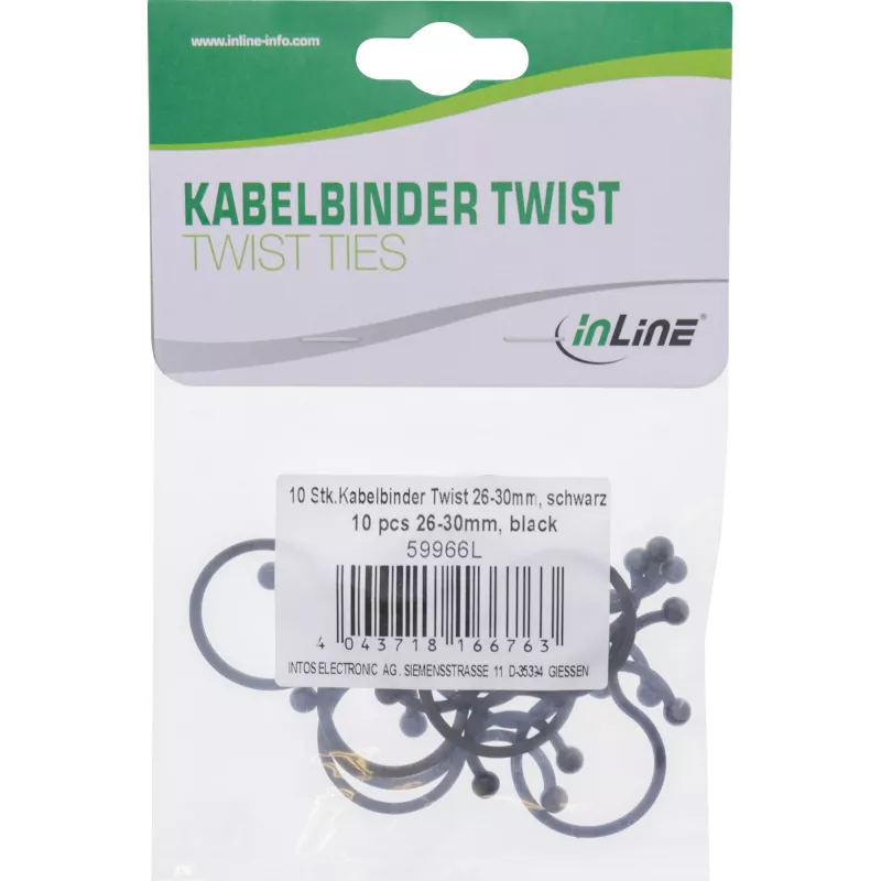 Twist Ties InLine 26–30 mm schwarz, 10 Stück — Kabel-/Kordelorganisator, 30 mm Länge