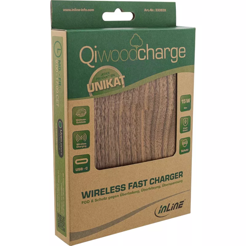 InLine Qi woodcharge, kabelloses Schnellladegerät, 5/7,5/10W/15W, USB-C, ohne Logo