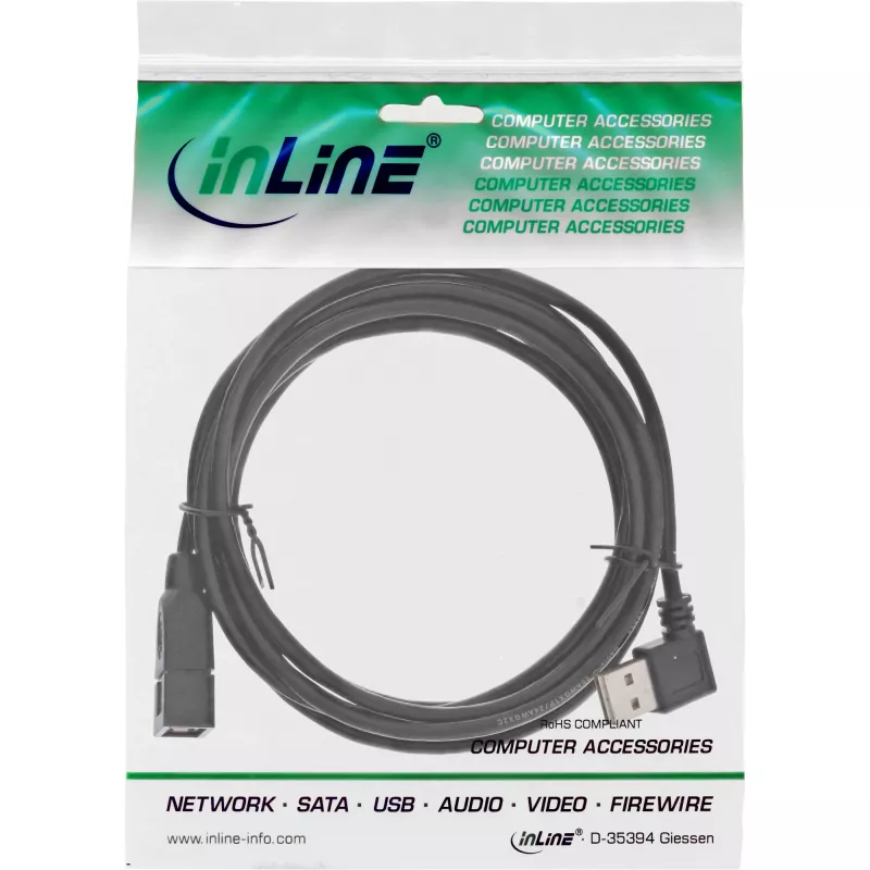 InLine USB 2.0 Smart Kabel abgewinkelt + reversibel Typ A Stecker / Buchse schwarz 2m