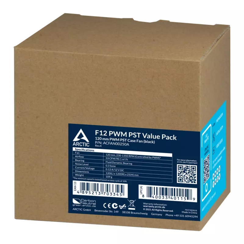 ARCTIC F12 PWM PST - 120 mm PWM Gehäuselüfter, Lüfter, 12 cm, 230 U/min, 1350 U/min, 0,3 Sone, 90,1 m³/h