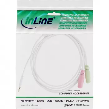 InLine Audio Headset Adapterkabel 3,5 mm Stecker 4-polig / 2x 3,5 mm, weiß, 1 m