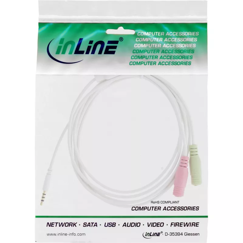 InLine Audio Headset Adapterkabel 3,5 mm Stecker 4-polig / 2x 3,5 mm, weiß, 1 m