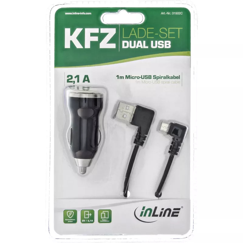 InLine USB DUAL+ KFZ Ladeset, Netzteil mit 1m Spiralkabel
