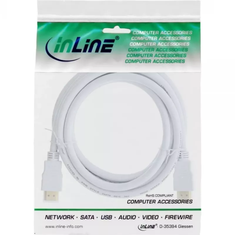 InLine High Speed HDMI-Kabel mit Ethernet, M/M, weiß, vergoldete Kontakte, 2m