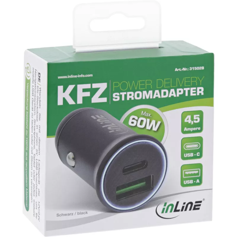 InLine USB-Autoladegerät Stromadapter Power Delivery, USB-A + USB-C, schwarz