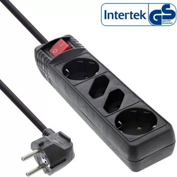 InLine Steckdosenleiste, 4-fach, 2x CEE7/3 + 2x Euro CEE 7/16, schwarz, 3 m