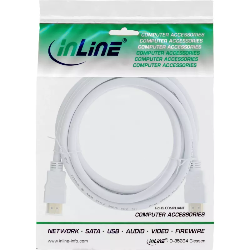 InLine High Speed HDMI-Kabel mit Ethernet, M/M, weiß, goldene Kontakte, 3 m