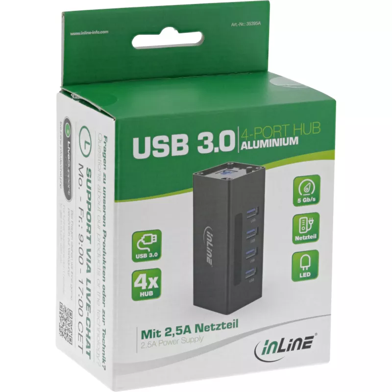 InLine USB 3.0 Hub, 4 Ports, Aluminiumgehäuse, mit 2,5A Netzteil