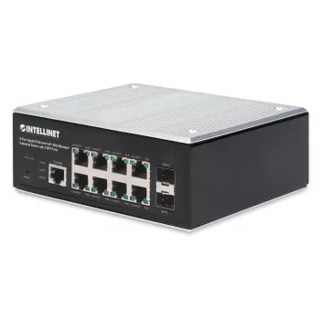 Intellinet Industrial 8-Port Gigabit Ethernet PoE+ Layer 2+ Web-Managed Switch mit 2 SFP-Ports, IEEE 802.3at/af (PoE+/PoE) konform, PoE-Leistungsbudget bis zu 240 W, Layer 2+/Layer 3 Lite, IP30-zertifiziertes Metallgehäuse, selbstheilendes Netzwerk, Endsp