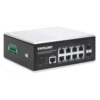 Intellinet Industrial 8-Port Gigabit Ethernet PoE+ Layer 2+ Web-Managed Switch mit 2 SFP-Ports, IEEE 802.3at/af (PoE+/PoE) konform, PoE-Leistungsbudget bis zu 240 W, Layer 2+/Layer 3 Lite, IP30-zertifiziertes Metallgehäuse, selbstheilendes Netzwerk, Endsp