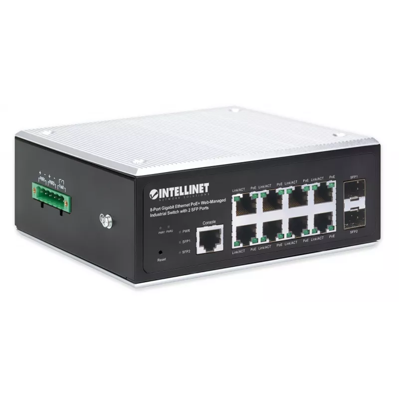 Intellinet Industrial 8-Port Gigabit Ethernet PoE+ Layer 2+ Web-Managed Switch mit 2 SFP-Ports, IEEE 802.3at/af (PoE+/PoE) konform, PoE-Leistungsbudget bis zu 240 W, Layer 2+/Layer 3 Lite, IP30-zertifiziertes Metallgehäuse, selbstheilendes Netzwerk, Endsp