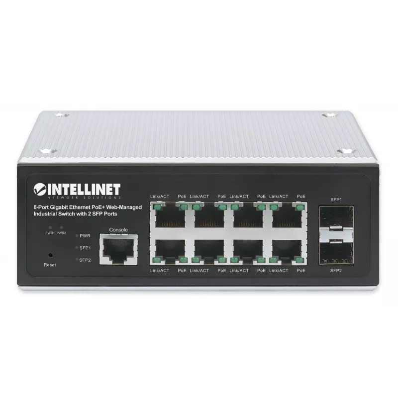Intellinet Industrial 8-Port Gigabit Ethernet PoE+ Layer 2+ Web-Managed Switch mit 2 SFP-Ports, IEEE 802.3at/af (PoE+/PoE) konform, PoE-Leistungsbudget bis zu 240 W, Layer 2+/Layer 3 Lite, IP30-zertifiziertes Metallgehäuse, selbstheilendes Netzwerk, Endsp