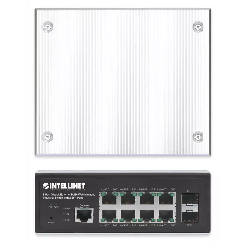 Intellinet Industrial 8-Port Gigabit Ethernet PoE+ Layer 2+ Web-Managed Switch mit 2 SFP-Ports, IEEE 802.3at/af (PoE+/PoE) konform, PoE-Leistungsbudget bis zu 240 W, Layer 2+/Layer 3 Lite, IP30-zertifiziertes Metallgehäuse, selbstheilendes Netzwerk, Endsp
