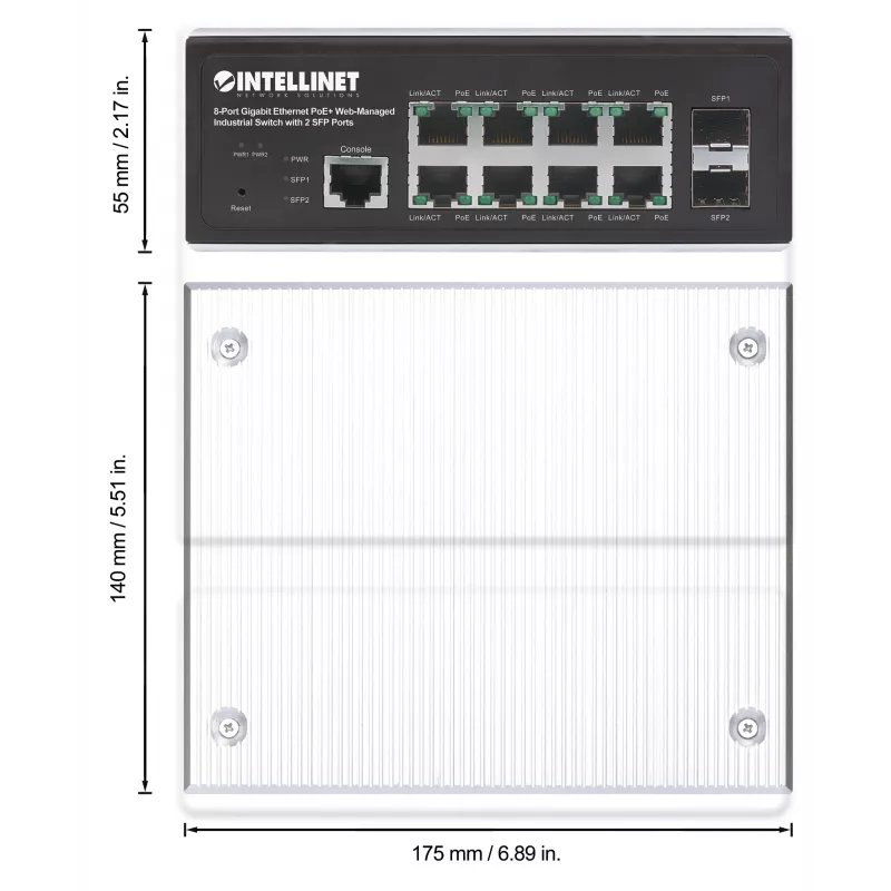 Intellinet Industrial 8-Port Gigabit Ethernet PoE+ Layer 2+ Web-Managed Switch mit 2 SFP-Ports, IEEE 802.3at/af (PoE+/PoE) konform, PoE-Leistungsbudget bis zu 240 W, Layer 2+/Layer 3 Lite, IP30-zertifiziertes Metallgehäuse, selbstheilendes Netzwerk, Endsp