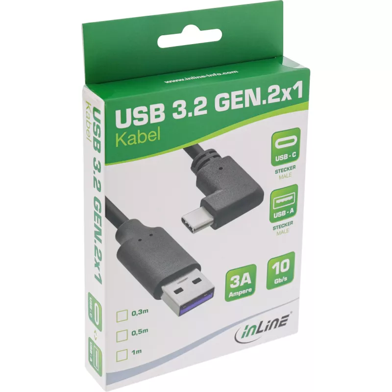 InLine USB 3.2 Kabel, USB-C Stecker abgewinkelt auf USB-A Stecker, schwarz, 1m