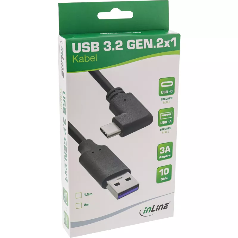 InLine USB 3.2 Kabel, USB-C Stecker abgewinkelt auf USB-A Stecker, schwarz, 1,5 m