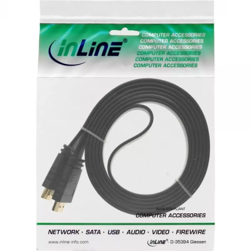 InLine HDMI Flachkabel High-Speed-Kabel mit Ethernet vergoldet schwarz 2 m