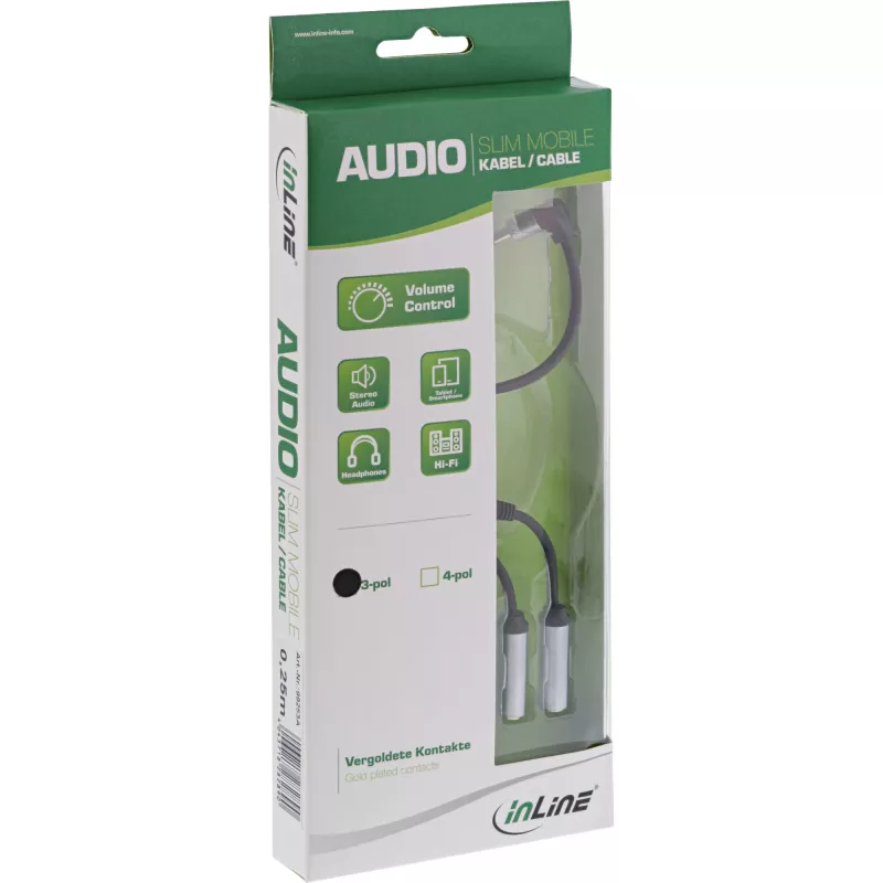 InLine schlank Audio Y-Kabel 3,5 mm Stecker / 2x Buchse, mit Lautstärkeregler 0,25 m
